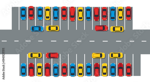Colorful cars in parking lot - top view of parking spaces with red, blue, yellow vehicles
