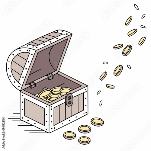 Open treasure chest with gold coins spilling out open chest