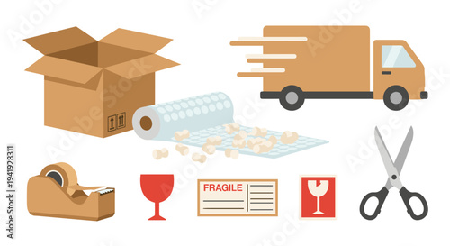 Packing and shipping essentials: cardboard box, bubble wrap, delivery truck, tape, scissors