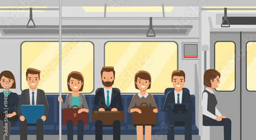 Commuters riding the city subway in a modern flat style design