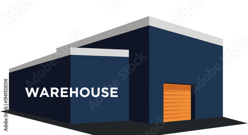 Modern flat design warehouse building with dark blue facade and orange door