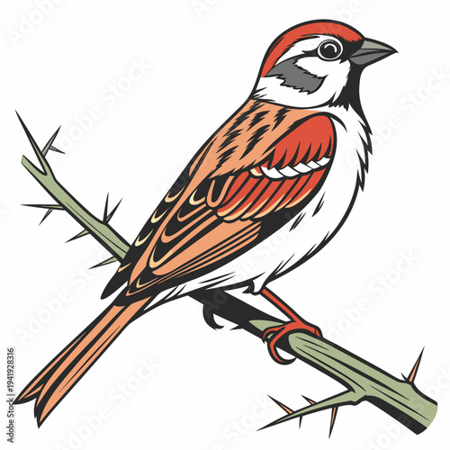 Sparrow perched on thorny branch red head white chest brown wings