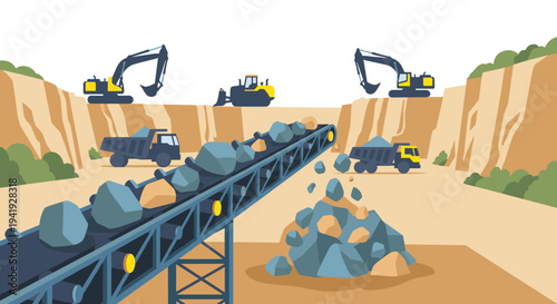 Construction site with heavy machinery and conveyor belt