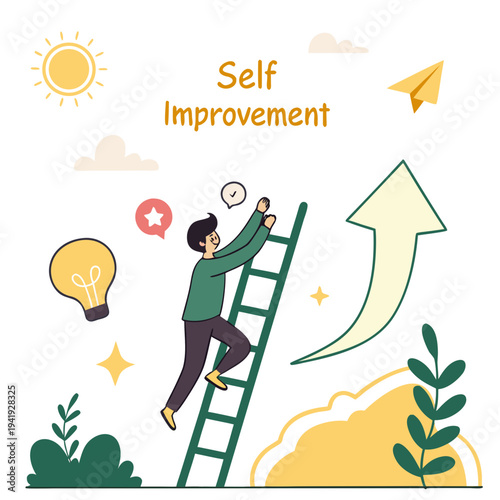 Man climbing green ladder with self improvement concept and growth symbols