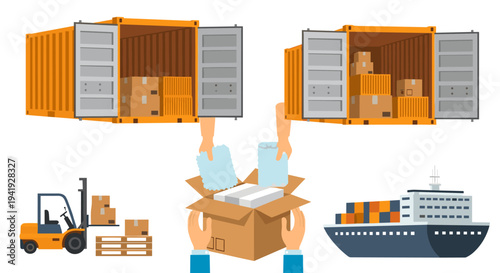 Shipping and logistics concept with cargo containers and delivery elements