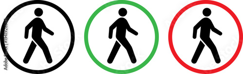 Pedestrian icons in black, green, and red circular signs