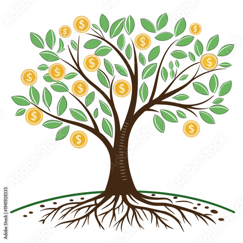 Tree with green leaves and gold coins on branches money tree