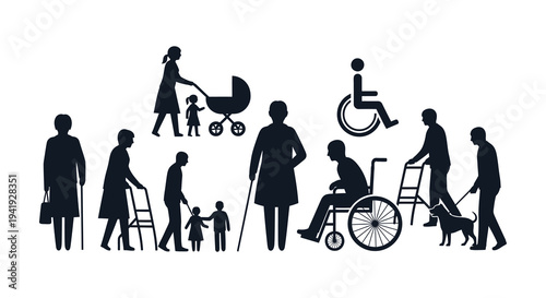 Diverse group of people including those with disabilities depicted in a striking black silhouette high quality