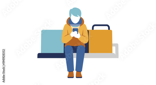 Traveler waiting with luggage and smartphone in minimalist style