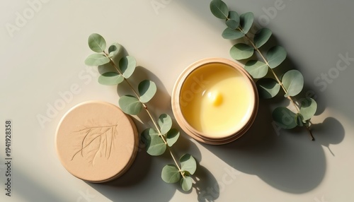 Top view beige jar with yellow balm and eucalyptus sprig. Natural skincare product in simple minimalist packaging. Gentle cosmetic for wellness and beauty routines.