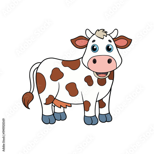 Cute cartoon happy spotted cow with big eyes and blue hooves smiling