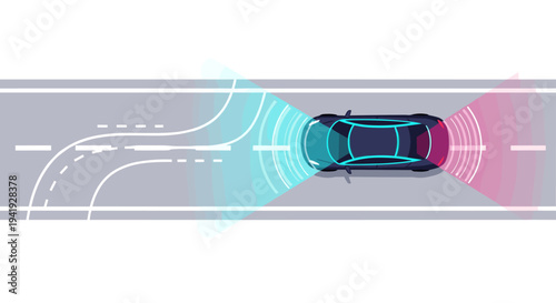 Autonomous car on road with sensor detection in flat design