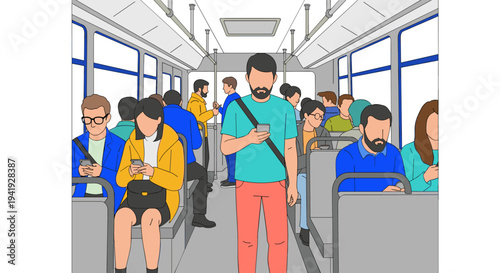 Commuters using mobile devices on public transportation in flat style