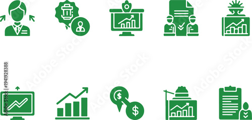 Set of modern green icons representing business management concepts and financial growth strategies on transparent background