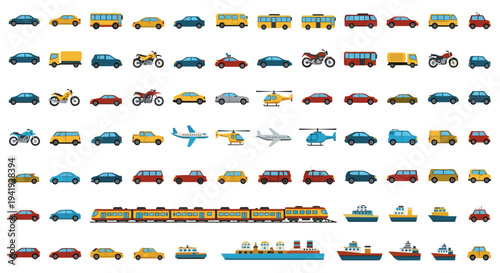 Flat style colorful transport icons set: cars, bikes, buses, trains, boats, planes