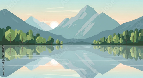 Serene mountain lake landscape with trees reflecting in calm water at sunrise or sunset