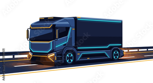 Futuristic semi truck on highway with neon accents and modern design