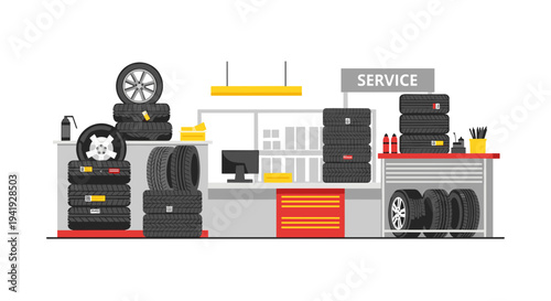 Modern auto shop with tires and service desk in flat design