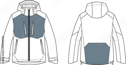 Technical flat sketch of men's hooded outdoor jacket with zipper pockets and color blocking