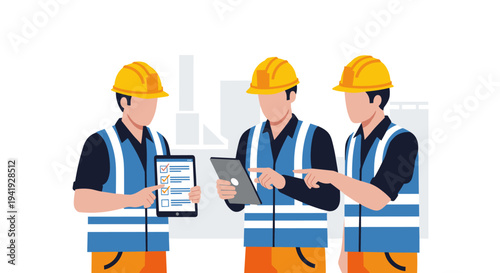 Construction team discussing project plans with tablets and safety gear