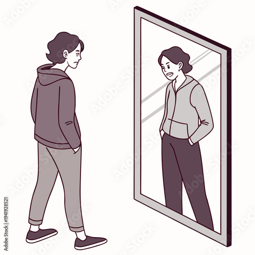 Woman looks at reflection in mirror with concern concerned