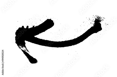 Black ink splatter with scattered drops and spray effect resembling aerosol paint. Grunge style vector illustration of liquid splash isolated on white background.