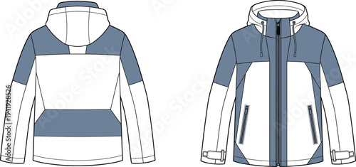 Technical flat sketch of hooded outdoor winter jackets with pockets and color blocking