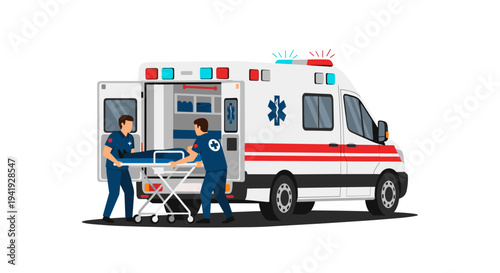 Emergency medical team loading stretcher into ambulance with flashing lights