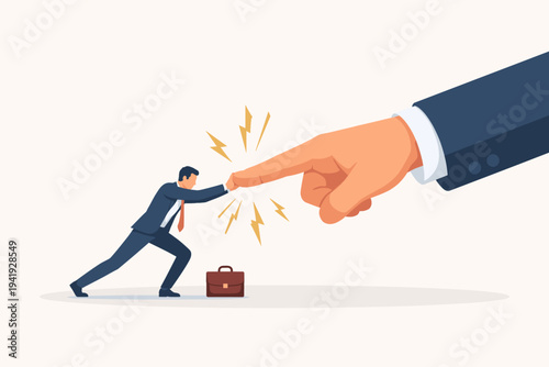 Businessman Resisting Pressure from Big Boss. Small Employee Pushing Back Against Giant Pointing Finger. Concept of Workplace Stress, Corporate Hierarchy, Power Struggle, Resilience, and Authority.