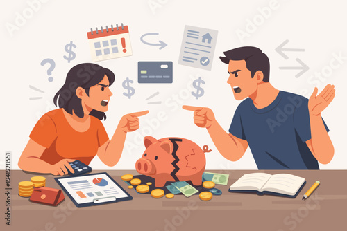 Couple Arguing Over Family Budget and Financial Problems Vector Illustration. Man and Woman Shouting at Each Other with Broken Piggy Bank, Coins, Cash, Bills, and Debt Stress in Flat Vector Style.