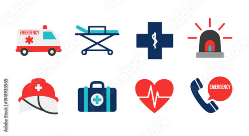 Emergency medical icons set: ambulance, stretcher, first aid, hospital, heartbeat, phone