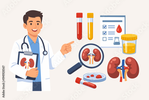 Male Doctor Urologist Pointing to Medical Lab Tests for Kidney Disease Diagnosis with Blood and Urine Samples, Stethoscope, and Anatomical Kidney Illustration in Flat Vector Style.