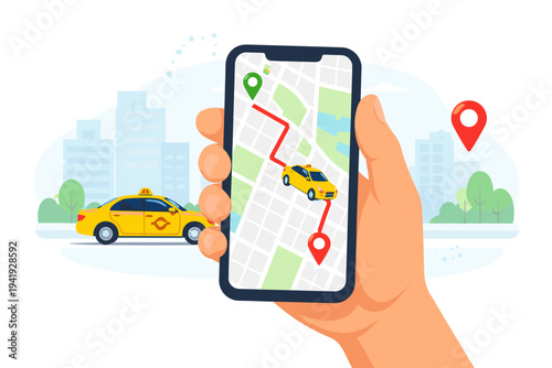 Hand Holding Smartphone with Taxi Booking App Interface Showing GPS Navigation Map Route and Yellow Cab Icon in City Background Flat Vector Illustration for Urban Transportation and Ride Sharing.