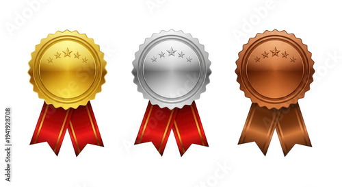Three golden silver and bronze medals on transparent background isolated