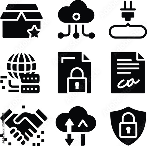 Cloud computing data security document protection global network server technology partnership contract signature file storage shield icon set flat vector illustration