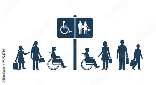 Accessibility signage depicting people including those with disabilities in a shopping scene silhouette high quality professional