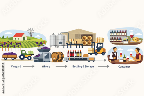 Wine Production Process Vector Illustration Showing the Supply Chain from Vineyard Grape Harvesting to Winery Fermentation, Bottling, Storage, and Final Consumer Enjoying a Glass of Red Wine.