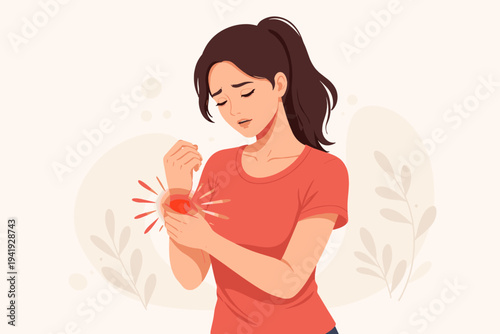 Vector Illustration of a Young Woman Suffering from Wrist Pain and Inflammation, Showing Carpal Tunnel Syndrome, Joint Injury, Tendonitis, or Arthritis Symptoms, Healthcare and Medical Concept.