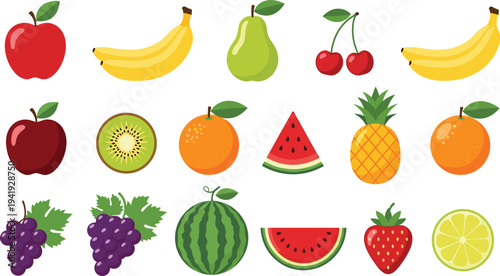 Fruit collection illustration vector colorful cartoon food design graphics, dietary educational decorative concept, black and white creative art set