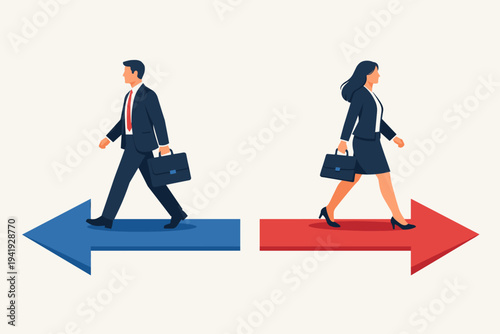 Businessman and Businesswoman Walking in Opposite Directions on Blue and Red Arrows, Concept of Career Choice, Professional Conflict, Gender Gap, Divorce, Separation, and Different Life Paths