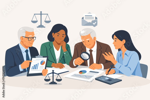 Business Ethics Committee Reviewing Financial Reports and Compliance Documents Vector Illustration. Diverse Professionals Analyzing Data with Magnifying Glass, Scales of Justice, and Audit Icons.