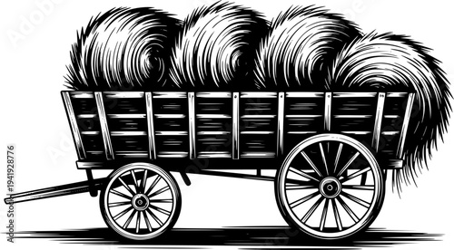 Vintage wooden cart overflowing with harvested hay bales a white background wagon