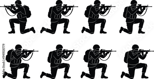 Soldier silhouettes collection, military infantry vector icons, tactical army men shapes, war combat elements