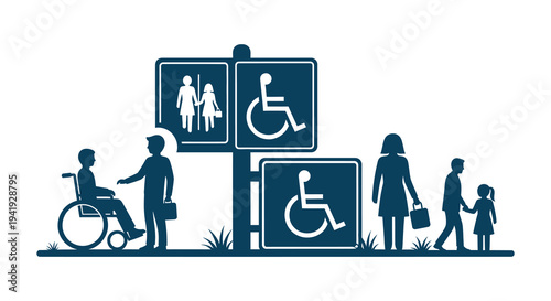 Accessibility signage depicting people with and without disabilities presented as a dark silhouette high quality professional