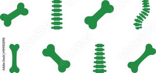 Collection of green cartoon bone and vertebrae icons on transparent background for medical or educational illustrations