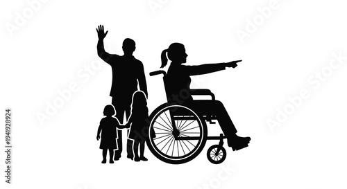 A family including a person in a wheelchair with a child waving and pointing depicted as a silhouette