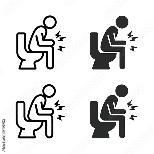 Four black and white icons of people sitting on toilet with pain  health issues