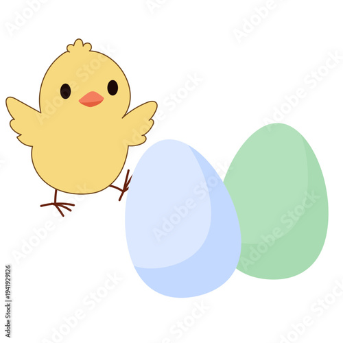 Cute Chick and Egg Icon Isolated on Transparent. Lovely Easter Holiday Mascot. Cartoon Chicken Character. Funny Childish Drawn Bird Portrait for Ester Egg Hunt Family Party Greeting Card Decoration 
