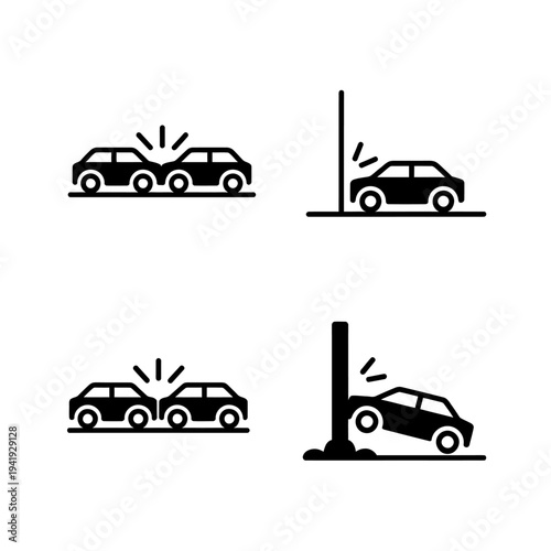 Car crash accident icons set with different collision scenarios and impacts