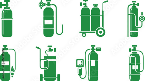Collection of various gas cylinders and tanks with different valves and attachments isolated on transparent background